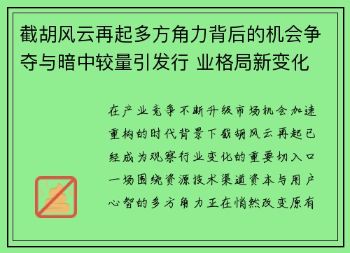 截胡风云再起多方角力背后的机会争夺与暗中较量引发行 业格局新变化 截胡风云再起多方角力背后的机会争夺与暗中较量引发行 业格局新变化
